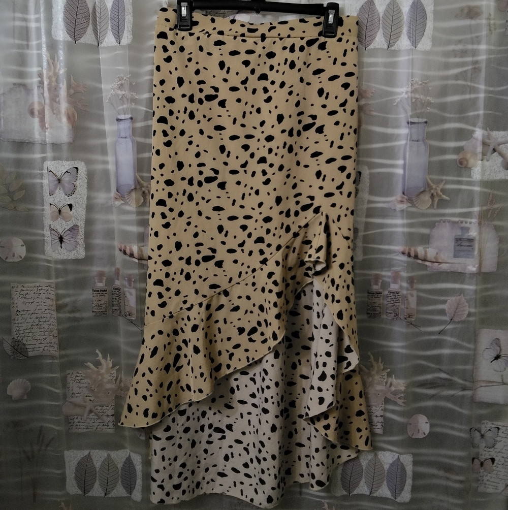 Shein Tannish Brown Black Leopard Print Asymmetric Ruffle Hem Midi Skirt Large - Picture 7 of 9
